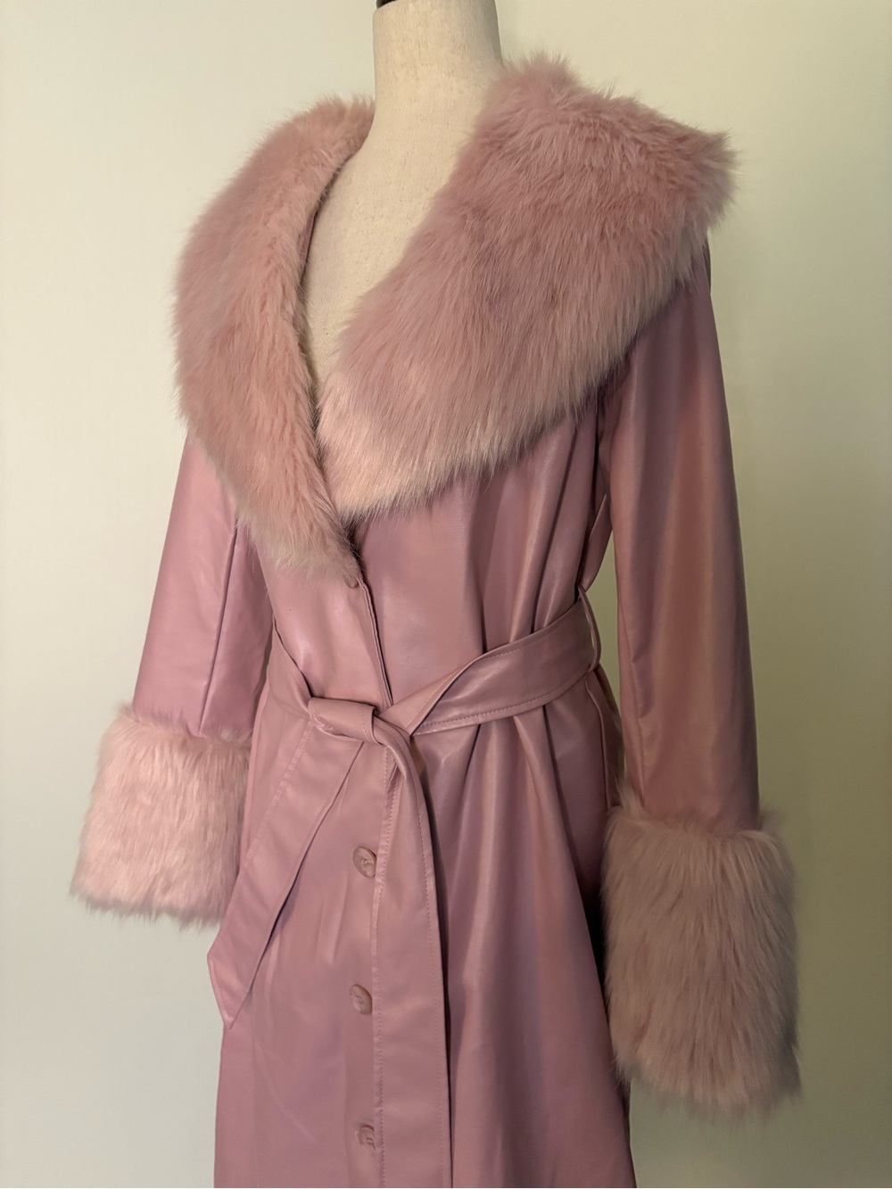 Princess Polly “Alice” Penny Lane Faux Fur Vegan Leather Pink Trench Coat Size 4 - Picture 6 of 10